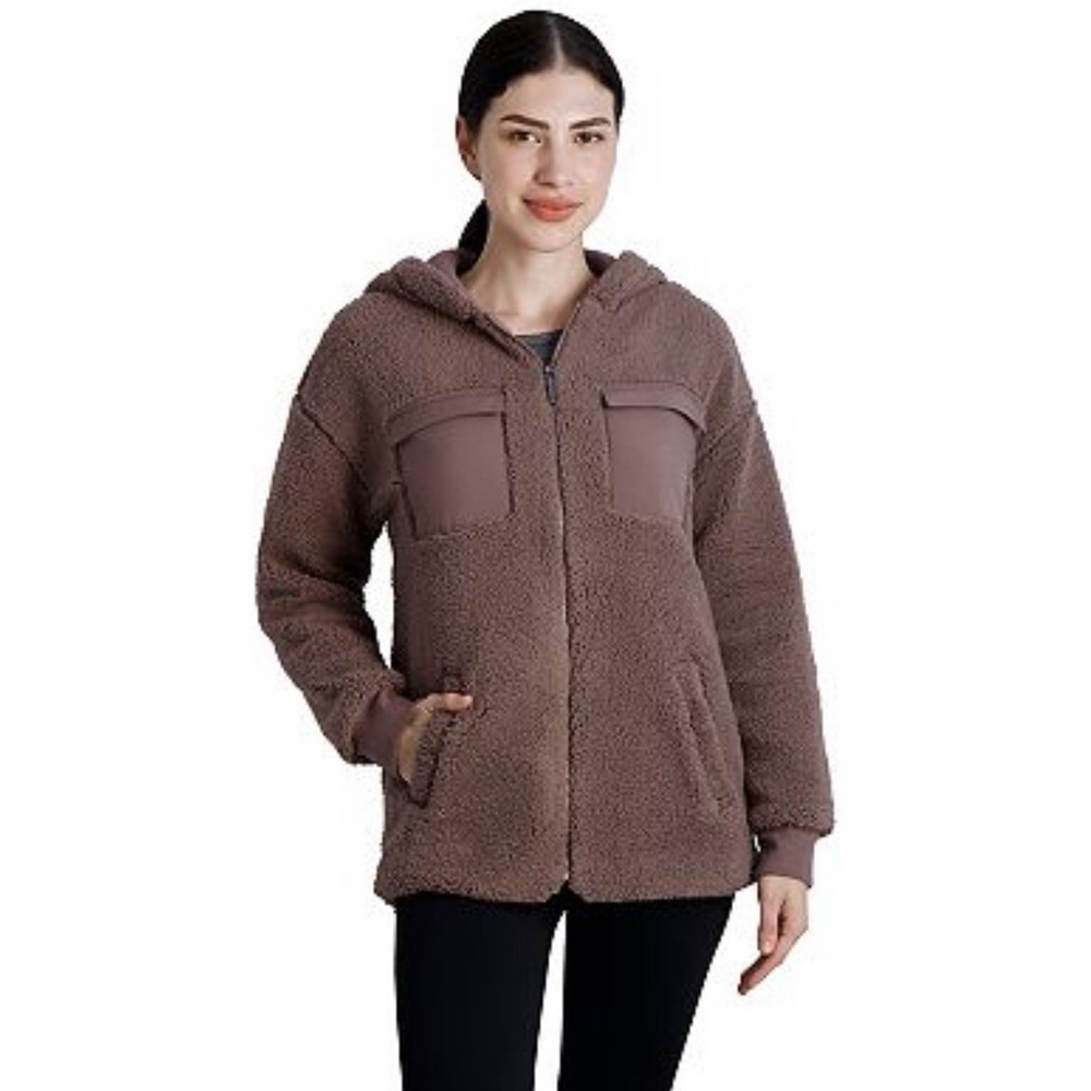 Gaiam Women's Small Taupe Brown Sherpa Zip Front Hooded Cargo Utility Jacket NWT